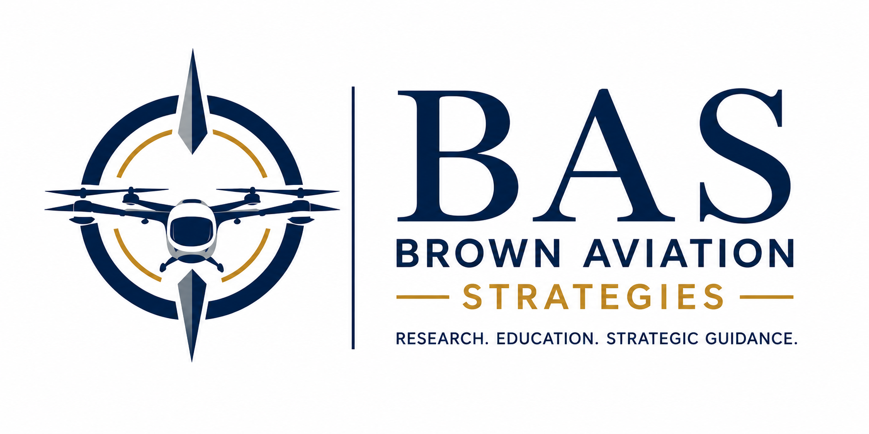 Brown Aviation Strategies (BAS) logo featuring a compass, electric aircraft, and the company name.