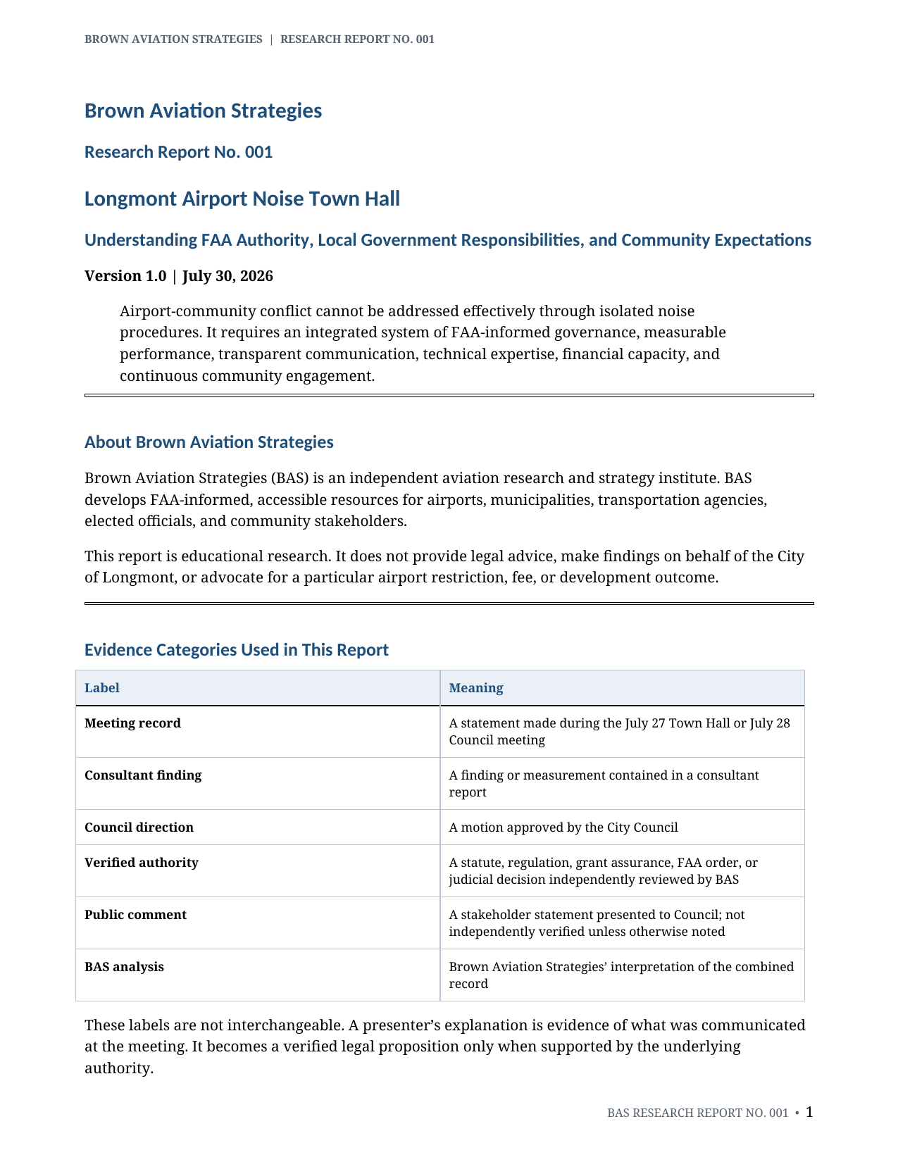 Cover of Brown Aviation Strategies Research Report No. 001 on Longmont airport noise and governance Cover of Brown Aviation Strategies Research Report No. 001 on Longmont airport noise and governance